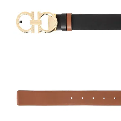 Ferragamo Hammered Gancini Reversible Leather Belt In Black