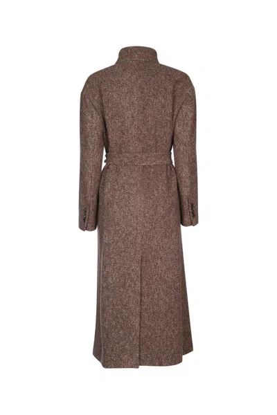 Brunello Cucinelli Waist Belted Long Length Textured Fabric Coat In Brown
