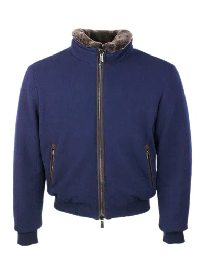 Moorer Padded Fleece Zip-up Jacket With Detachable Faux-fur Collar In Blue