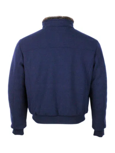 Moorer Padded Fleece Zip-up Jacket With Detachable Faux-fur Collar In Blue