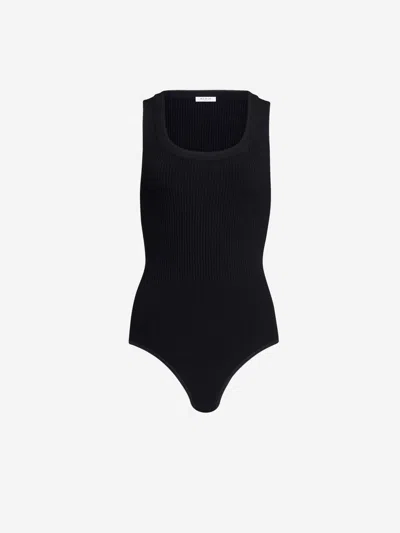 Alaïa Ribbed Texture High Neckline Sleeveless Thong Cut In Black