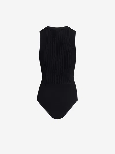 Alaïa Ribbed Texture High Neckline Sleeveless Thong Cut In Black