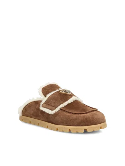 Prada Round Toe Suede Mules With Shearling Lining In Brown