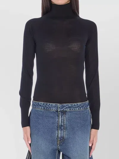 Alaïa Sheer Knit Turtleneck Bodysuit In Blue