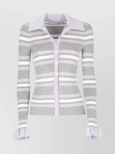 Self-portrait Grey Cardigan With Spread Collar And All-over Striped Motif In Viscose Blend Woman In Multi