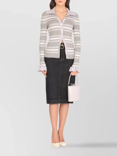 Self-portrait Grey Cardigan With Spread Collar And All-over Striped Motif In Viscose Blend Woman In Multi