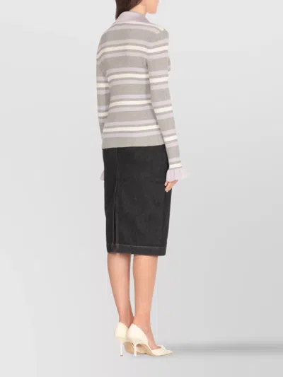 Self-portrait Grey Cardigan With Spread Collar And All-over Striped Motif In Viscose Blend Woman In Multi