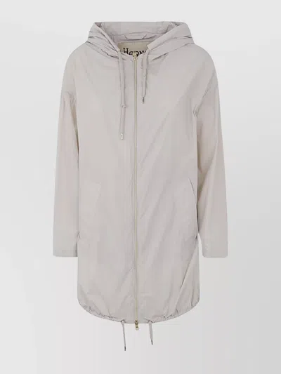Herno Stretch Maxi Bomber With Hood And Drawstring Hem In Gray