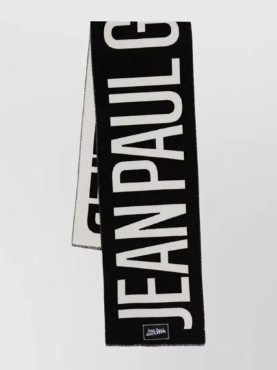 Jean Paul Gaultier Wool Scarf Logo Fringed Edges Rectangular Shape In Black