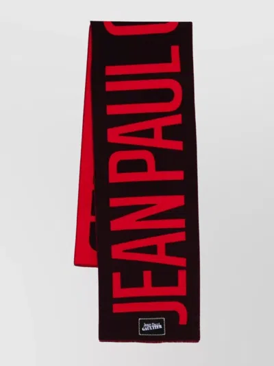 Jean Paul Gaultier Wool Scarf Logo Rectangular Shape Fringed Edges In Black