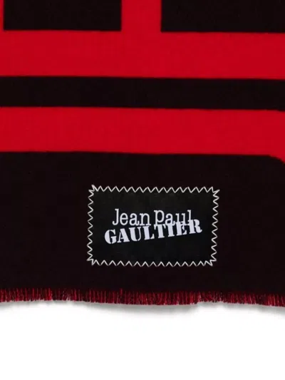 Jean Paul Gaultier Wool Scarf Logo Rectangular Shape Fringed Edges In Black