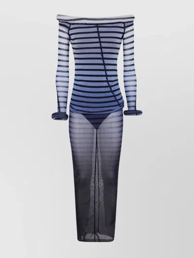Jean Paul Gaultier Mesh Boat Neck Long Dress With 3d Collar And Cuff In Multi