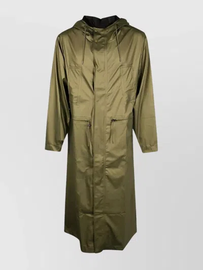 Rains Long Jacket Hood Drawstring Waist In Green