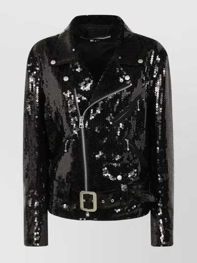 Junya Watanabe Waist Belted Metallic Sequin Zipper Jacket In Black