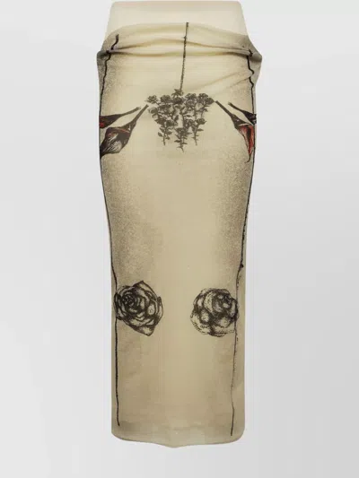Jean Paul Gaultier Mesh Skirt Double Layer Printed Tattoo Rose & Bird In Neutral