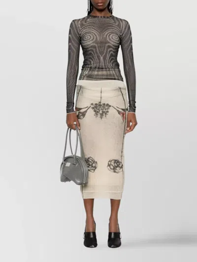 Jean Paul Gaultier Mesh Skirt Double Layer Printed Tattoo Rose & Bird In Neutral