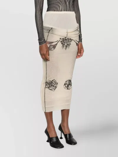 Jean Paul Gaultier Mesh Skirt Double Layer Printed Tattoo Rose & Bird In Neutral