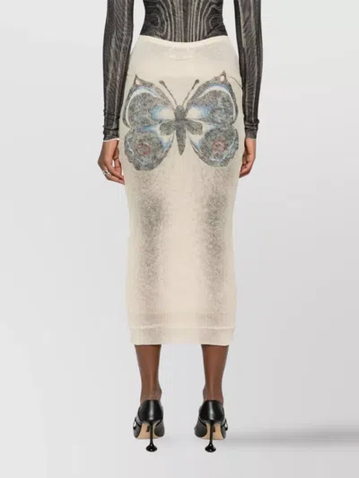 Jean Paul Gaultier Mesh Skirt Double Layer Printed Tattoo Rose & Bird In Neutral