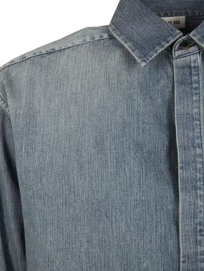 Fear Of God Light Blue Shirt With Faded Denim Effect In Animal Print