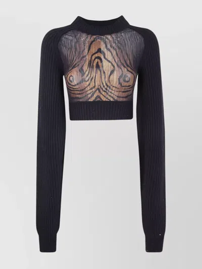 Jean Paul Gaultier Lambswool Ribbed Long Sleeves Cropped Sweater With Printed Mesh Cut Out Details In Black