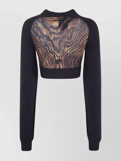 Jean Paul Gaultier Lambswool Ribbed Long Sleeves Cropped Sweater With Printed Mesh Cut Out Details In Black
