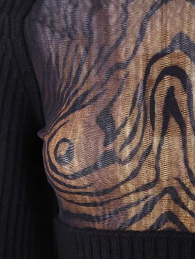 Jean Paul Gaultier Lambswool Ribbed Long Sleeves Cropped Sweater With Printed Mesh Cut Out Details In Black