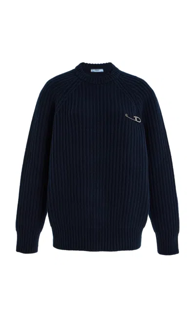 Prada Wool Blend Sweater With Safety Pin Detail In Blue