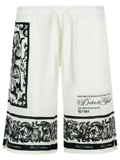 Dolce & Gabbana Majolica-print Double Piqué Bermuda Shorts In White