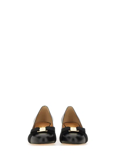 Ferragamo Nappa Leather Pumps Vara Block Heel Bow In Blue
