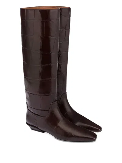 Paris Texas Boots In Ebony Croco-embossed Leather In Brown