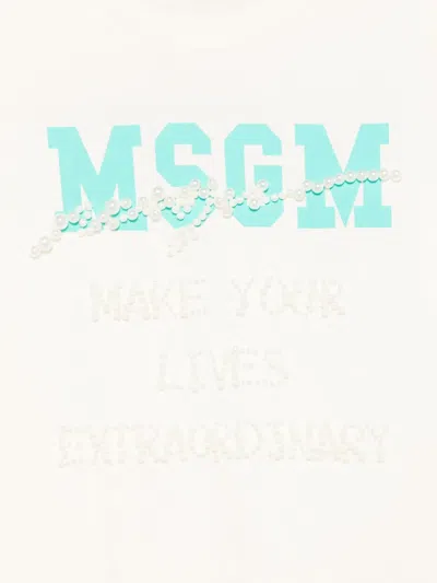 Msgm Pearl-embellished Logo T-shirt In White