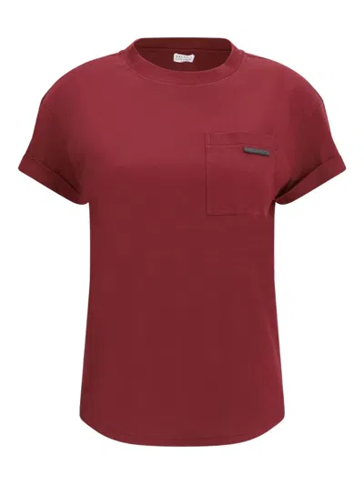 Brunello Cucinelli Cotton T-shirt Embellished Shiny Jewels In Red