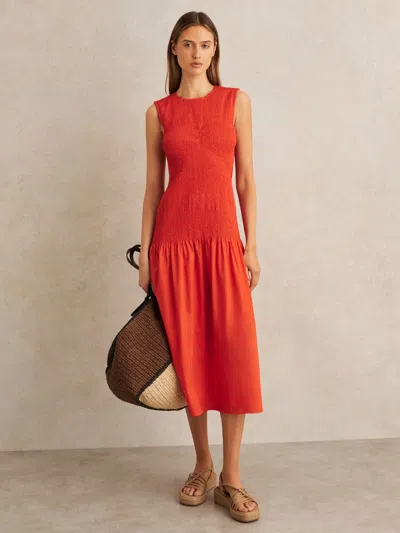 Reiss Womens Annabel Shirred Cotton Midi Dress In Red