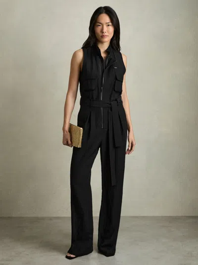 Reiss Black Utility Zip Through Jumpsuit With Linen In Black