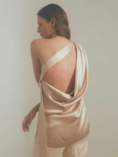 Atelier Blush  One-shoulder Drape Back Top With Linen In Neutral
