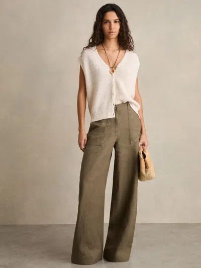 Reiss Khaki Linen Wide Leg Trousers In Green