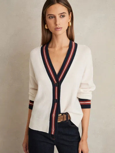 Reiss Womens White Mila Stripe-trim Wool And Cashmere-blend Cardigan In Multi