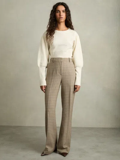 Reiss Brown Check Petite Wool Wide-leg Houndstooth-check Trousers In Neutral