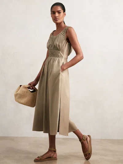 Reiss Khaki Anouk Cotton Craft-stitch Shirred Midi Dress In Brown
