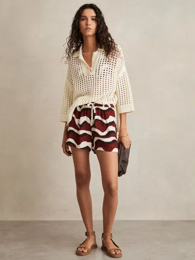 Reiss Womens White Brown Eva Wave-print Elasticated-waist Woven Shorts In Multi