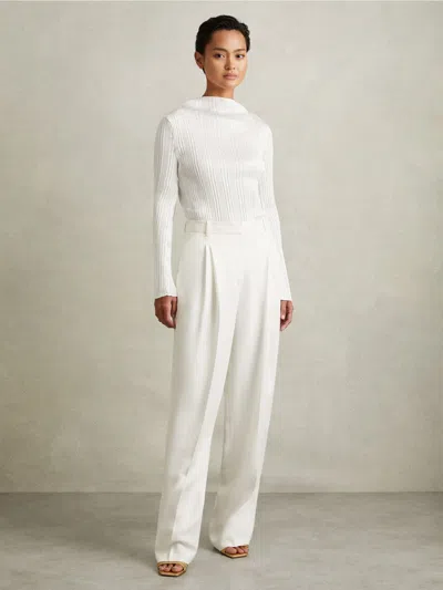 Reiss Cream Double Pleat Wide Leg Tux Trousers In White