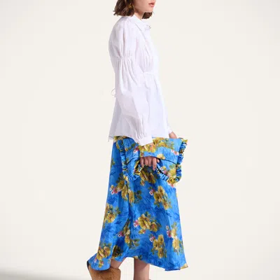 La Doublej Drawstring Floral-print Skirt In Blue