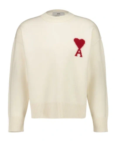 Ami Alexandre Mattiussi Ami Paris Ami Heart Design Wool Sweater In Intarsia Knit In White
