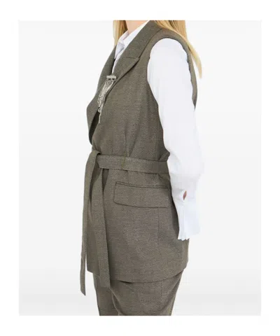 Liu •jo Tailored Sleeveless Jacket With Belted Waist In Brown