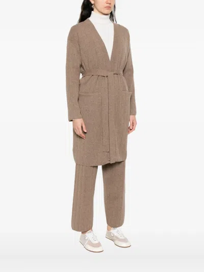 Max Mara Leisure Emblema Longline Wool Blend Belted Duster Cardigan In Brown