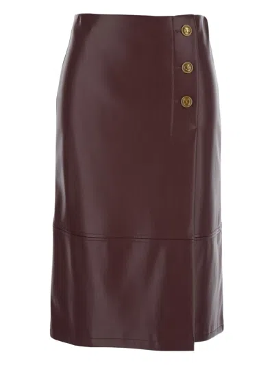 Twinset Bordeaux Midi Skirt With Jewel Buttons And Asymmetric Details In Ecoleather Woman In Brown