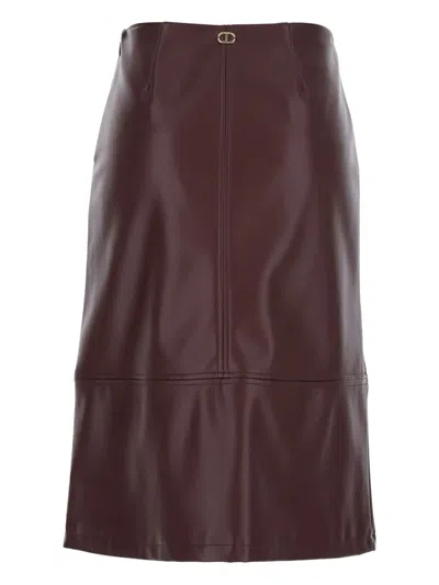 Twinset Bordeaux Midi Skirt With Jewel Buttons And Asymmetric Details In Ecoleather Woman In Brown