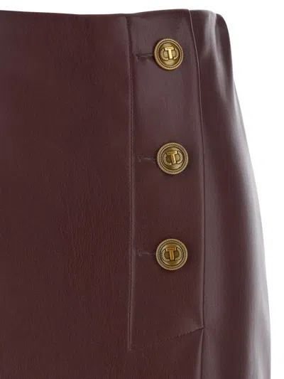 Twinset Bordeaux Midi Skirt With Jewel Buttons And Asymmetric Details In Ecoleather Woman In Brown