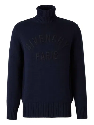 Givenchy Turtleneck Sweater In Cotton With Paris Embroidery Clothing In Blue
