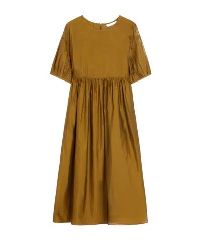 Max Mara Sheer Overlay Gathered Waist Dress In Yellow